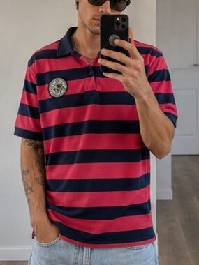 Y2K British Rugby Polo Mens Medium Pink Blue Striped Warwick Britain England Max